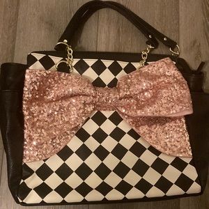 Checkerboard and pink sequin bow Betsey Johnson purse